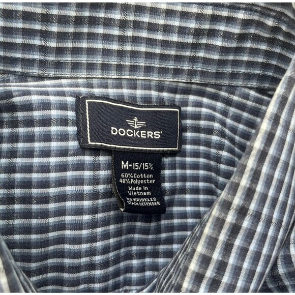 Dockers Men's M 15-15.5 Button Down Shirts Lot 2 Blue Plaid Gray Stripe LS - Picture 3 of 9